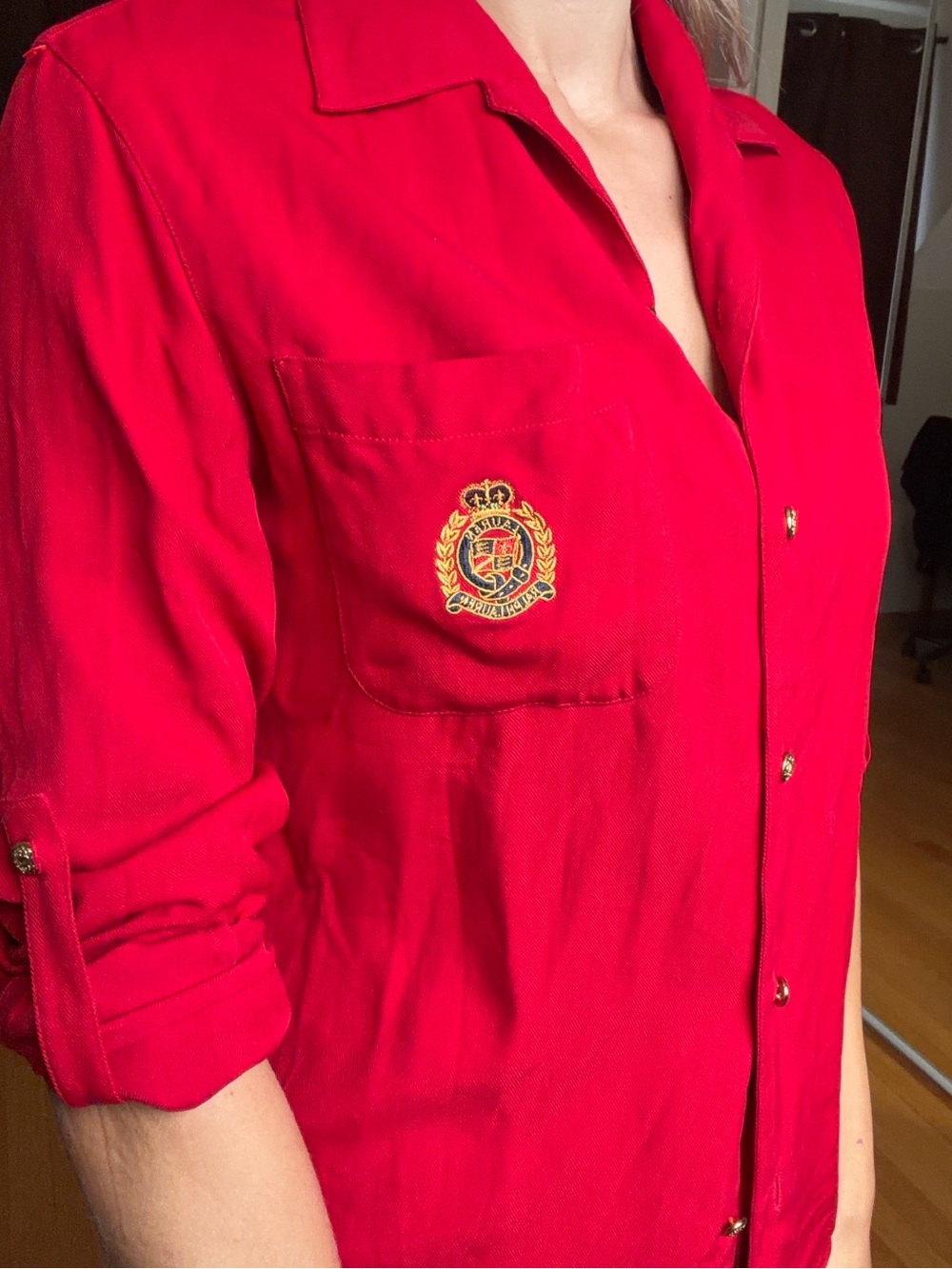 Red Lauren Ralph Lauren 100% Silk Polo Button Up Top